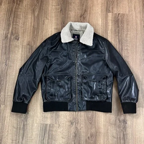 Chaps Bomber Aviator Faux LeatherJacket Detachable Curly Shearling Collar Sz L - Picture 6 of 10